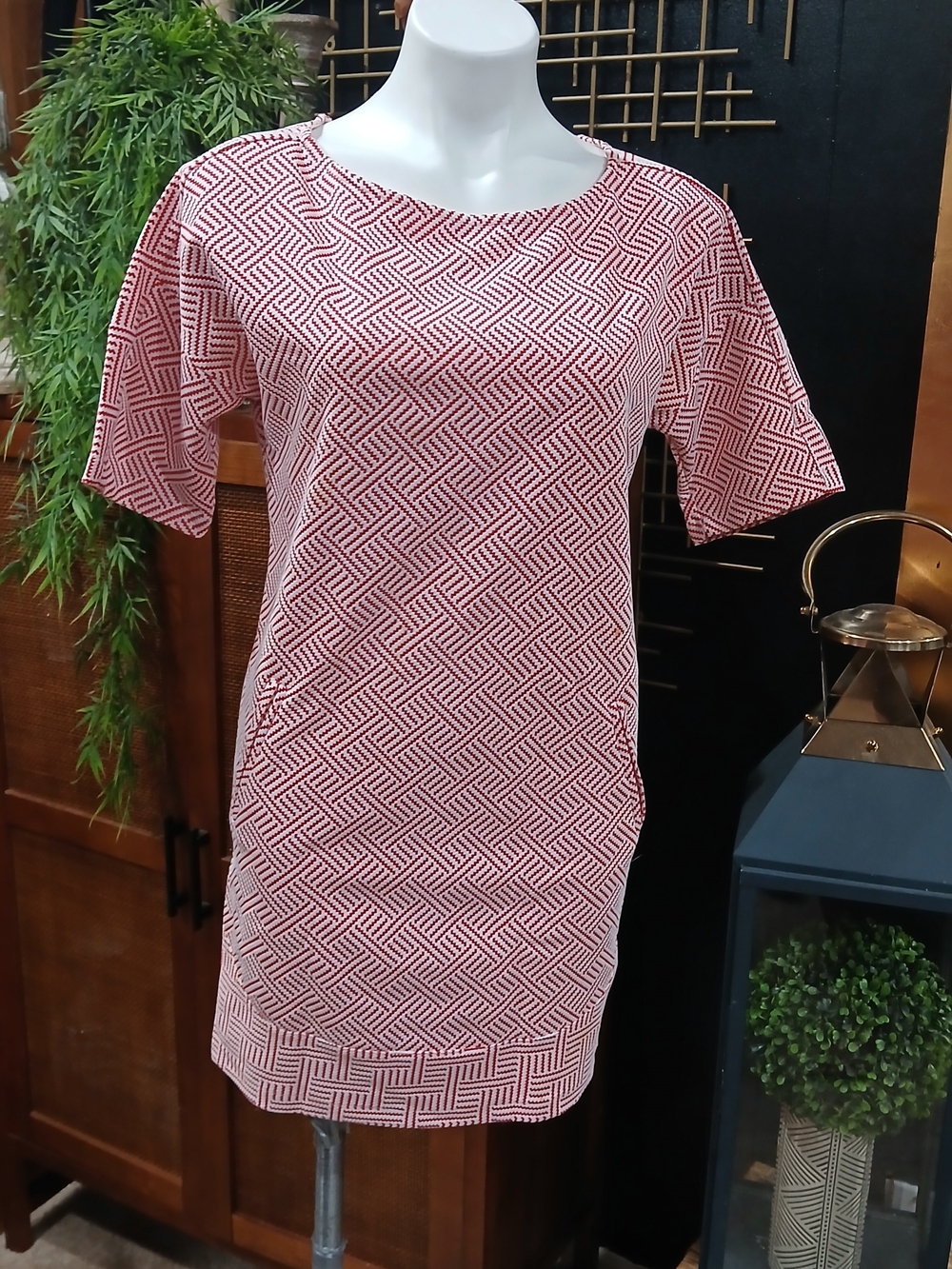 Miss Miss Made in Italy Red White Geometric Print Shift Dress Tunic S